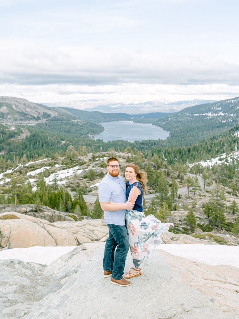 Top of the mountain Windy Donner Lake Engagement Photos