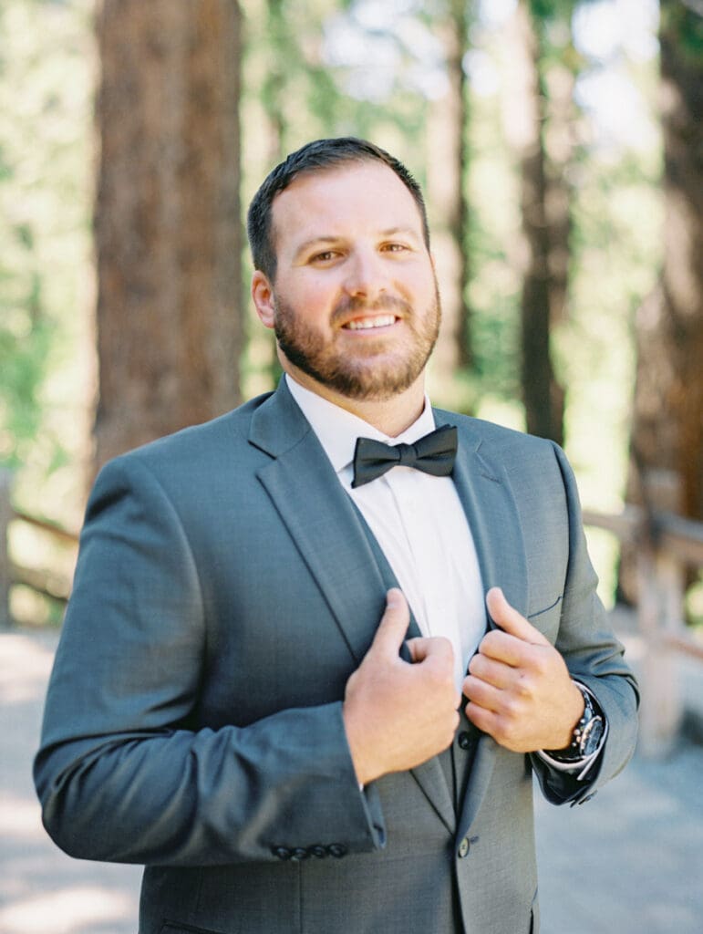 Groom portraits by film wedding photographer in Lake Tahoe in Galena Creek Hatchery 