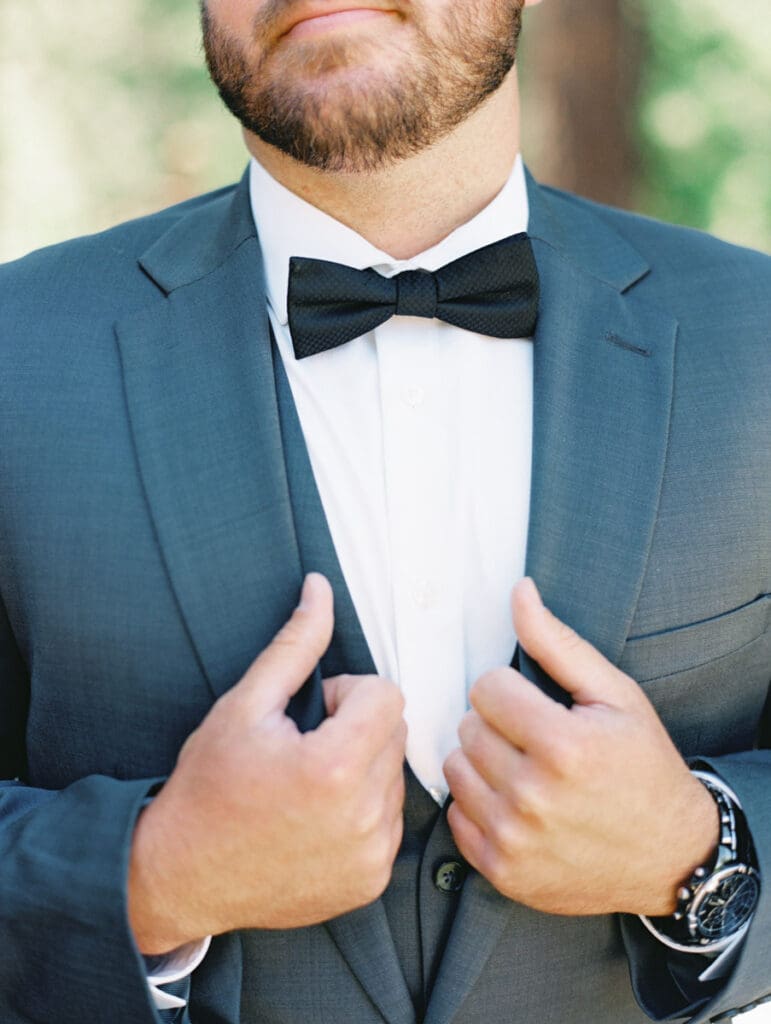 Bride and Groom portraits by film wedding photographer in Lake Tahoe in Galena Creek Hatchery 