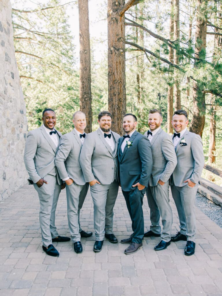 Groomsmen photos in Galena Creek Hatchery  by Lake Tahoe film wedding photographer 