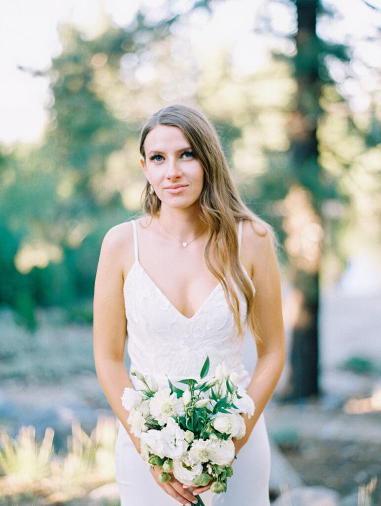 Bride photos in Galena Creek Hatchery  by Lake Tahoe film wedding photographer 