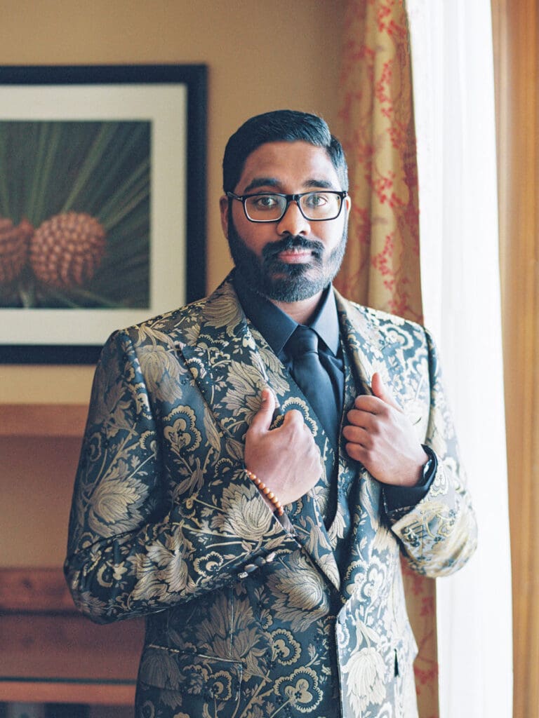 Groom in Gold Dolce & Gabbana Jacquard Sicilia Suit at the Ritz-Carlton's Exquisite Lake Tahoe Wedding 