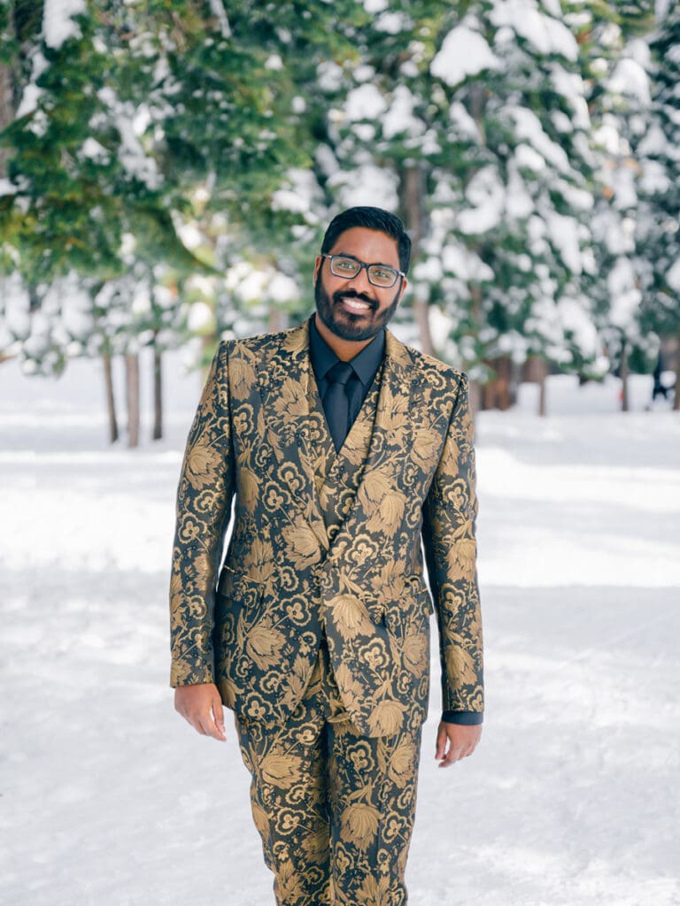 Groom in Gold Dolce & Gabbana Jacquard Sicilia Suit at the Ritz-Carlton's Exquisite Lake Tahoe Wedding 