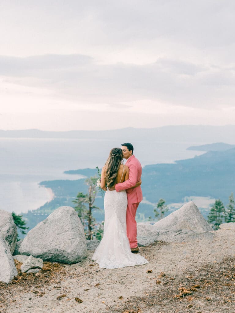 Top of the mountain Wedding photo of bride and groom at Lake Tahoe Lakeview Lodge Heavenly Mountain Resort | Lake Tahoe Film Photographer