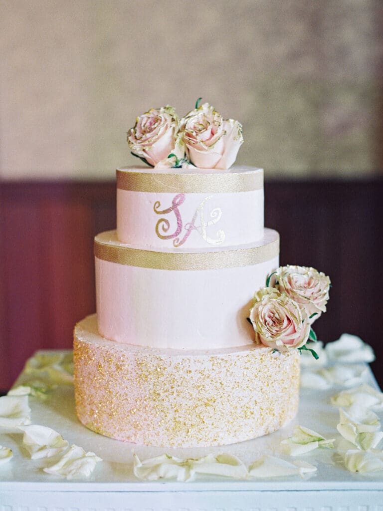 Wedding cake at The Ritz-Carlton, Lake Tahoe winter wedding ballroom