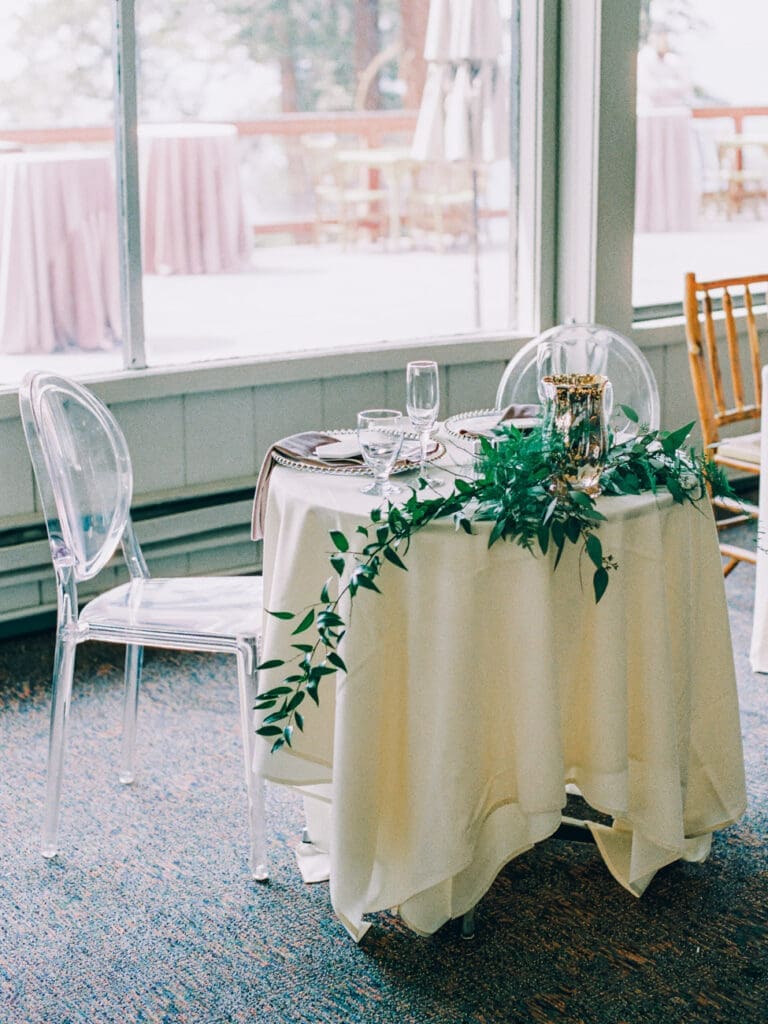 Top of the mountain Wedding reception decor at Lake Tahoe Lakeview Lodge Heavenly Mountain Resort | Lake Tahoe Film Photographer