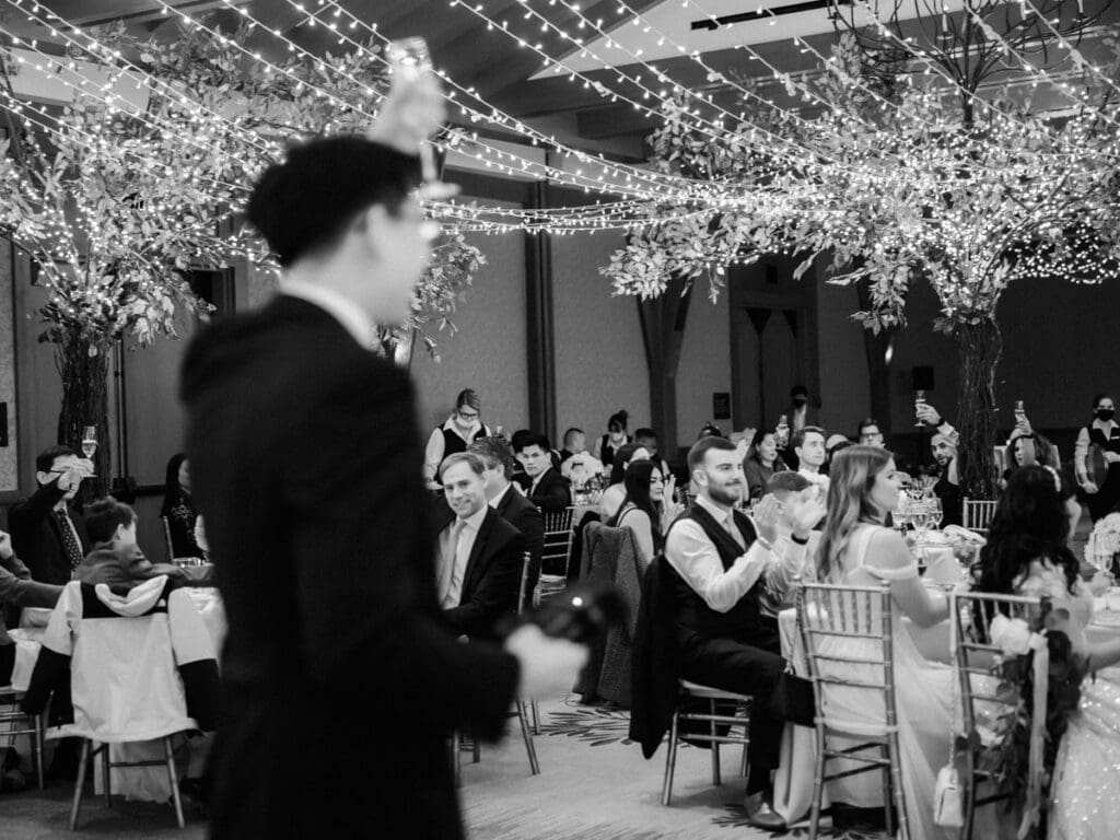 Wedding reception at The Ritz-Carlton, Lake Tahoe winter wedding ballroom