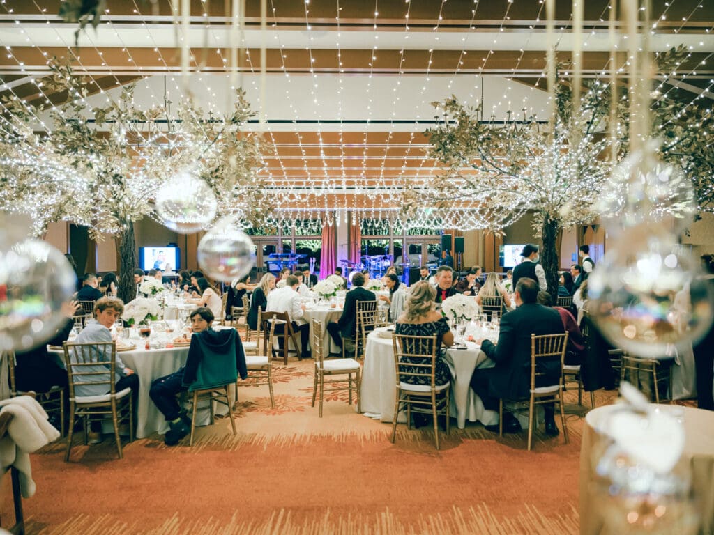 Wedding reception decor at The Ritz-Carlton, Lake Tahoe winter wedding ballroom