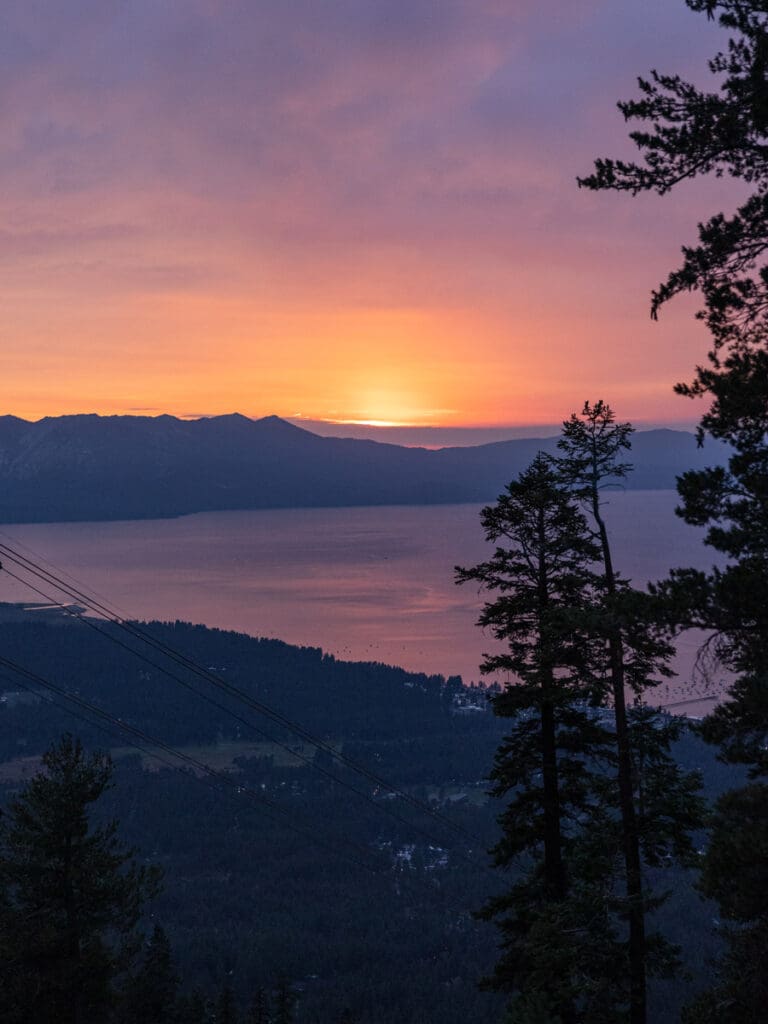 Sunset photo of top of the mountain Wedding at Lake Tahoe Lakeview Lodge Heavenly Mountain Resort | Lake Tahoe Film Photographer