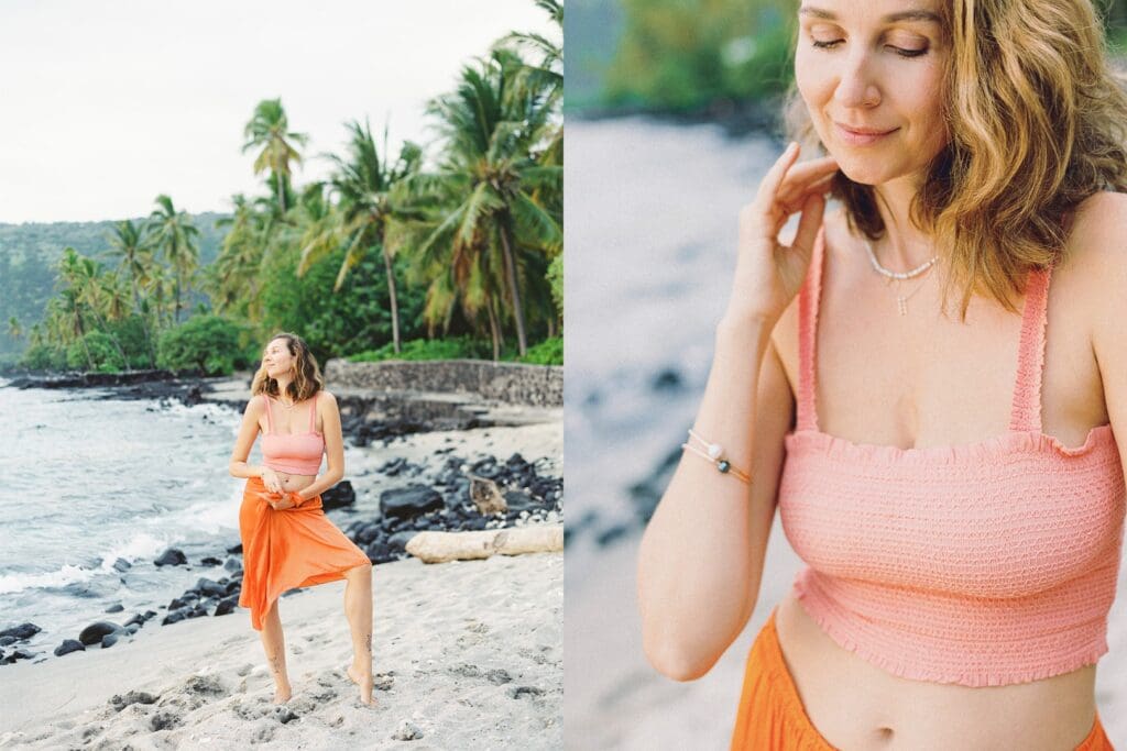 Bride to be Engagement Photo on the tropical Big Island of Hawaii beach by Hawaii film wedding photographer