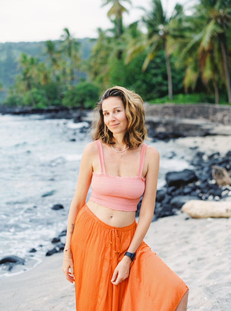 Bride to be Engagement Photo on the tropical Big Island of Hawaii beach by Hawaii film wedding photographer