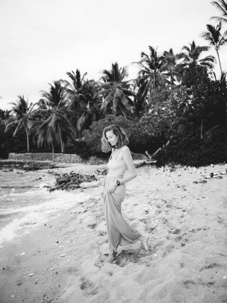 Bride to be Engagement Photo on the tropical Big Island of Hawaii beach by Hawaii film wedding photographer