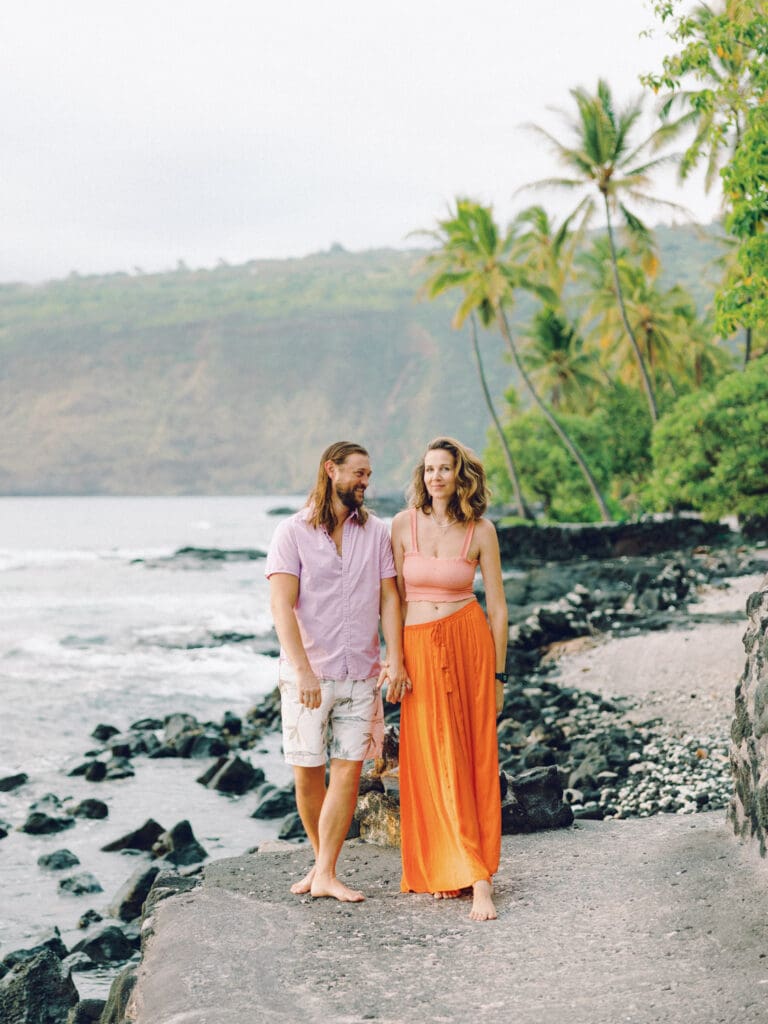 Stunning views Couples Engagement Photo on the Big Island of Hawaii beach by Hawaii wedding photographer