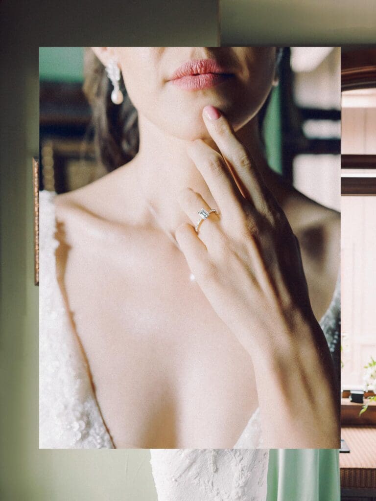 A bride in a stunning wedding dress poses gracefully at Edgewood Tahoe Resort wedding, capturing the essence of her special day.