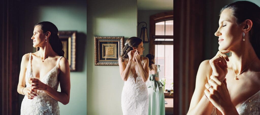 A bride in a stunning wedding dress poses gracefully at Edgewood Tahoe Resort wedding, capturing the essence of her special day.