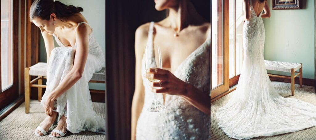 A bride in a stunning wedding dress poses gracefully at Edgewood Tahoe Resort wedding, capturing the essence of her special day.