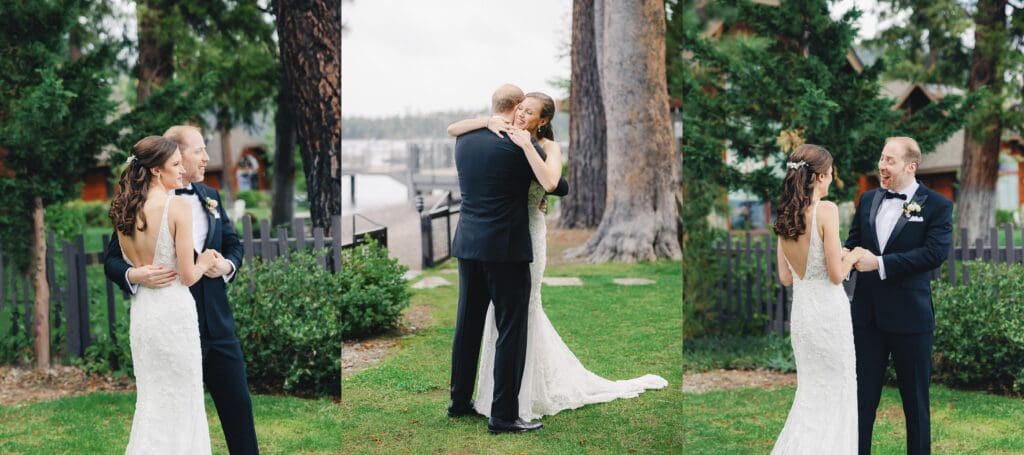 Elegant bride and groom first look portraits on the beach at Edgewood Tahoe Resort wedding, highlighting the stunning backdrop of Lake Tahoe.