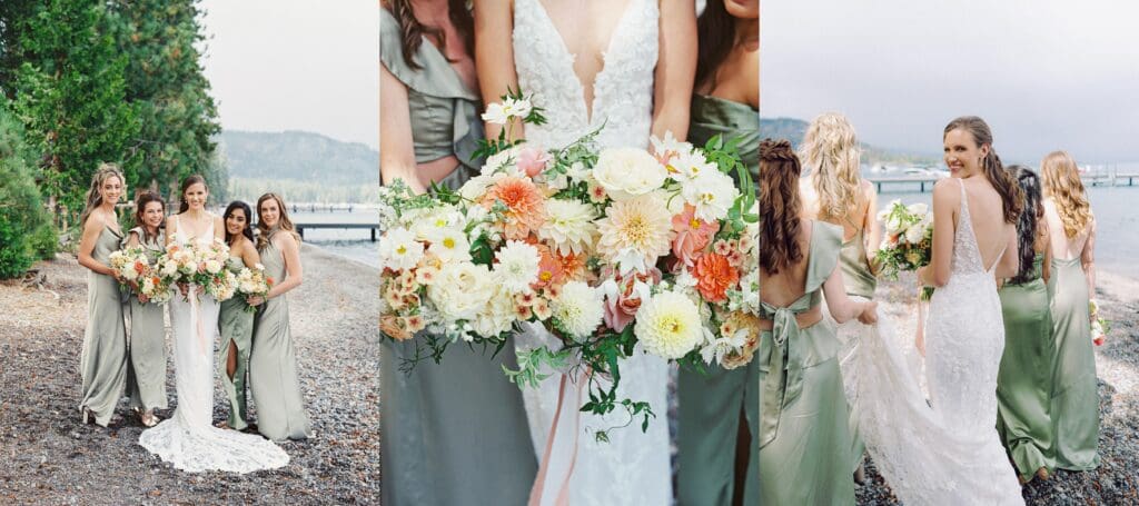 Bridesmaids laughing on the beach at Edgewood Tahoe Resort wedding, highlighting the stunning backdrop of Lake Tahoe.