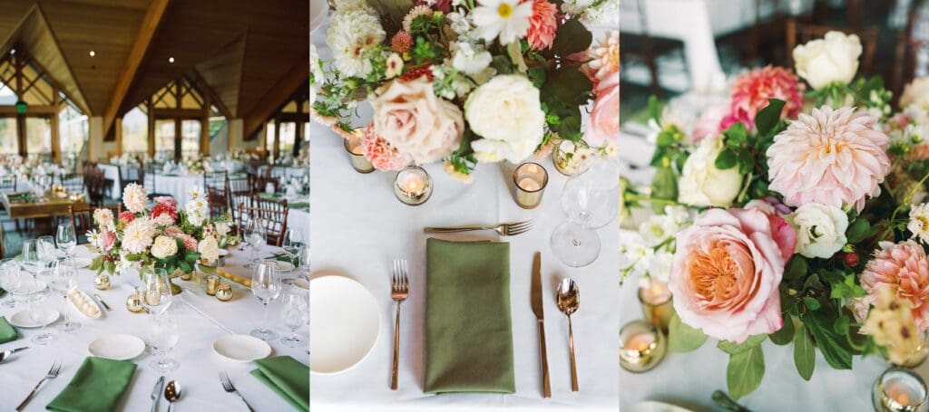 Elegant table setting featuring blush flowers and green napkins, showcasing wedding decor at Edgewood Tahoe Resort.