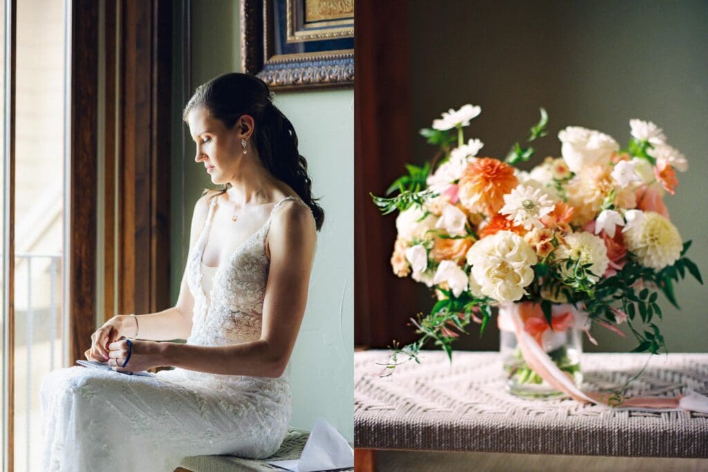 A bride in a stunning wedding dress poses gracefully at Edgewood Tahoe Resort wedding, capturing the essence of her special day.