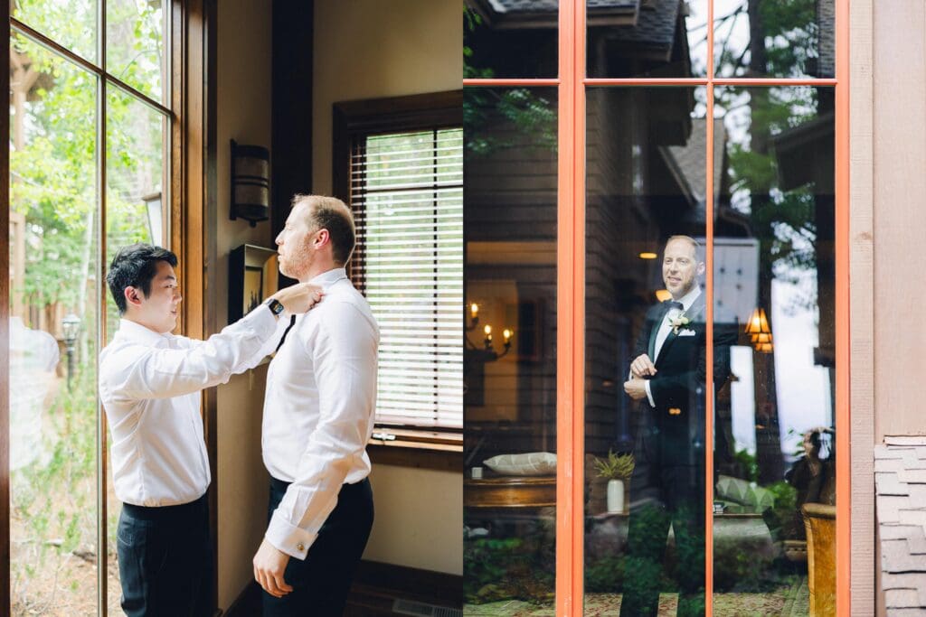 A groom in a tuxedo poses elegantly by a window at Edgewood Tahoe Resort during his wedding portrait session.