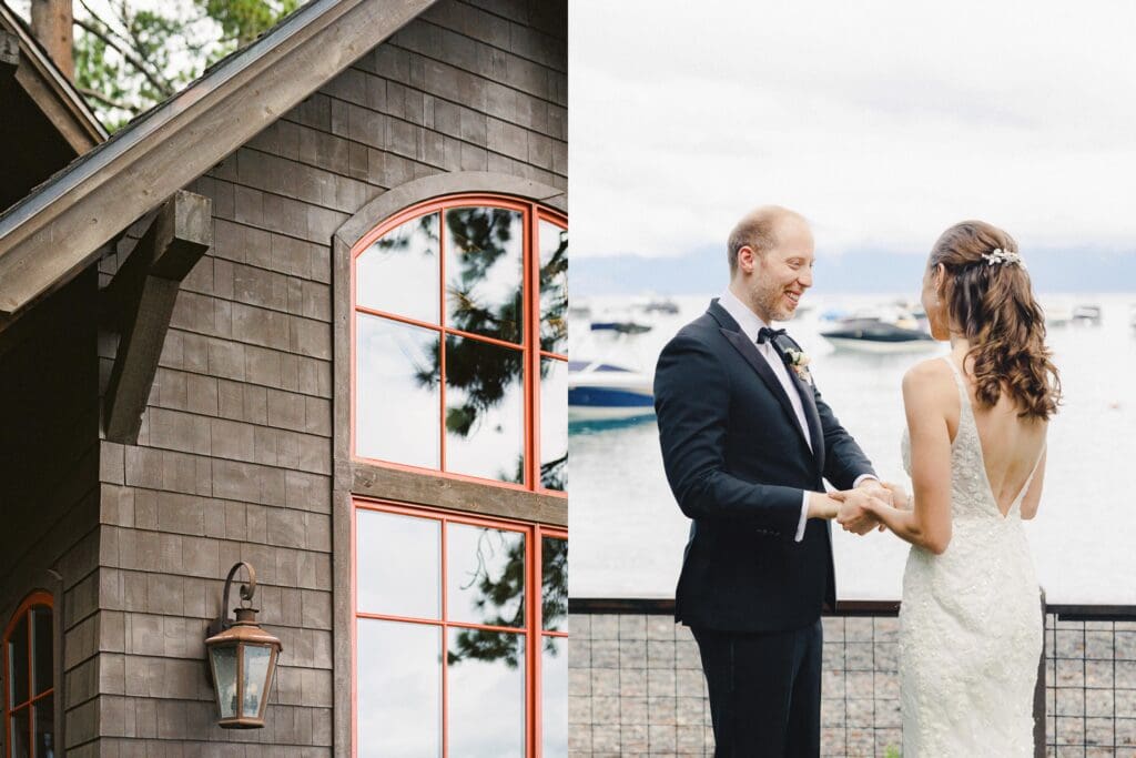 Elegant bride and groom first look portraits on the beach at Edgewood Tahoe Resort wedding, highlighting the stunning backdrop of Lake Tahoe.