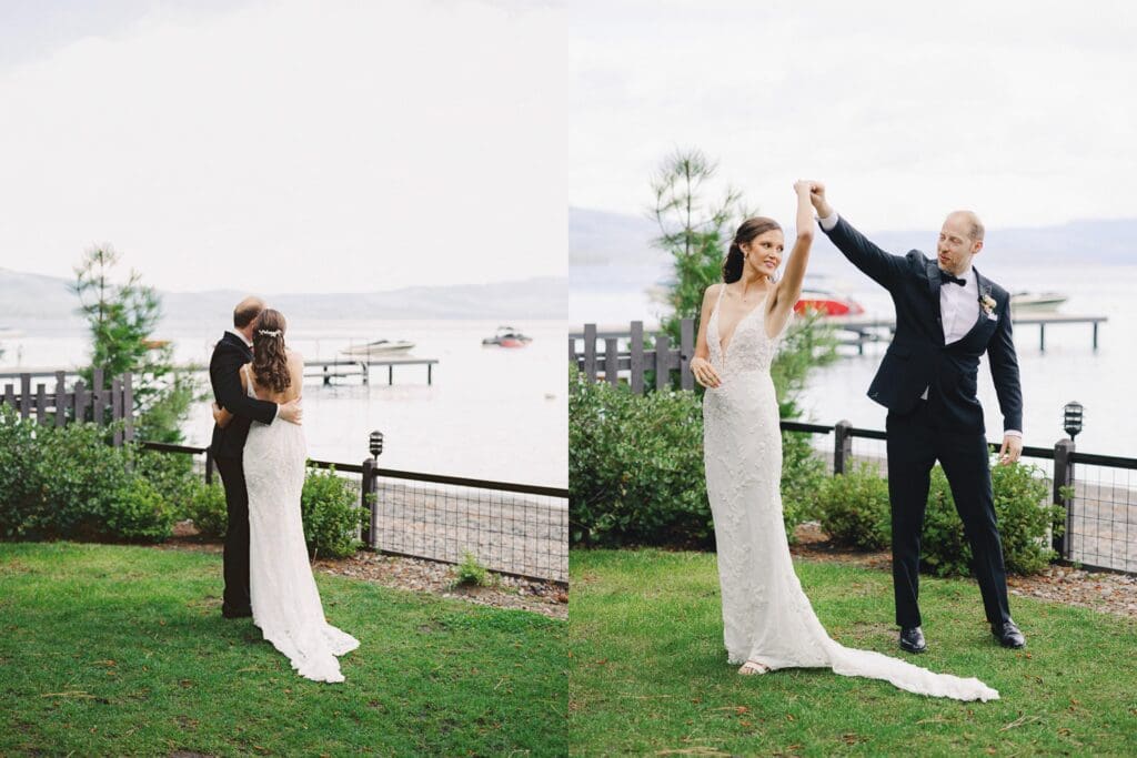 Elegant bride and groom first look portraits on the beach at Edgewood Tahoe Resort wedding, highlighting the stunning backdrop of Lake Tahoe.