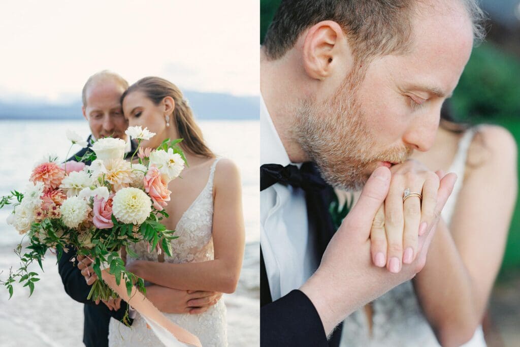 Elegant bride and groom portraits at Edgewood Tahoe Resort wedding, highlighting the stunning backdrop of Lake Tahoe.