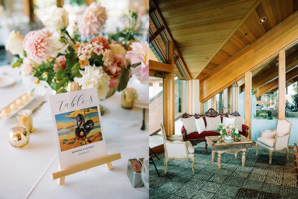 Elegant table setting featuring blush flowers showcasing wedding decor at Edgewood Tahoe Resort.