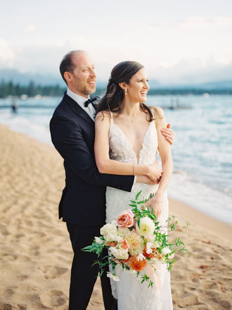 Elegant bride and groom portraits at Edgewood Tahoe Resort wedding, highlighting the stunning backdrop of Lake Tahoe.