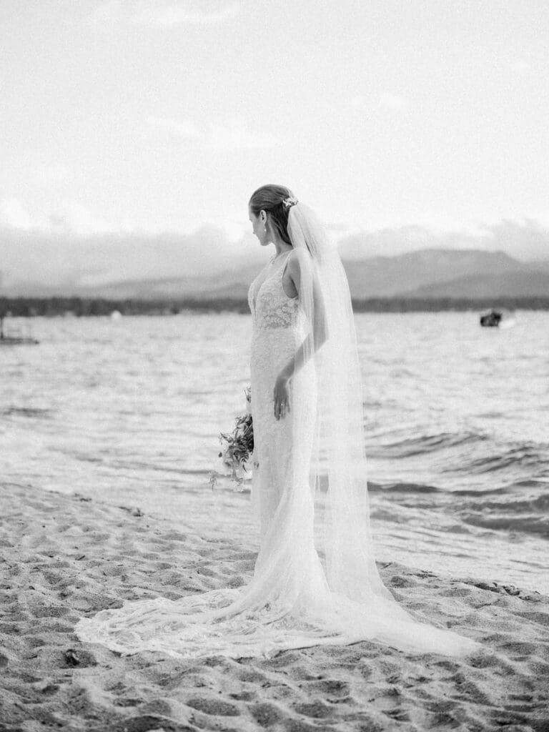 Elegant bride portraits at Edgewood Tahoe Resort wedding, highlighting the stunning backdrop of Lake Tahoe.