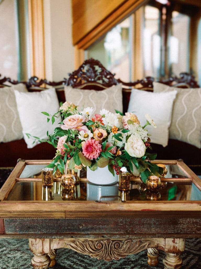 Elegant table setting featuring blush flowers showcasing wedding decor at Edgewood Tahoe Resort.