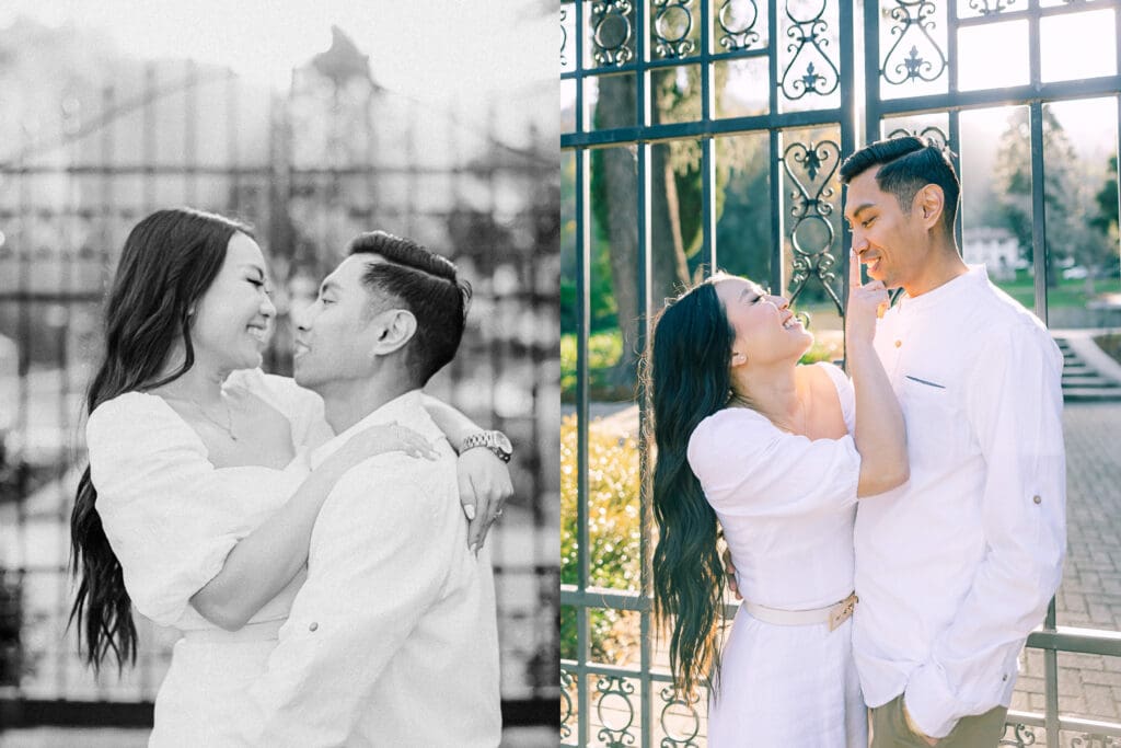 Couple embracing at romantic Villa Montalvo engagement session in San Francisco, showcasing a couple's love amidst stunning landscapes.