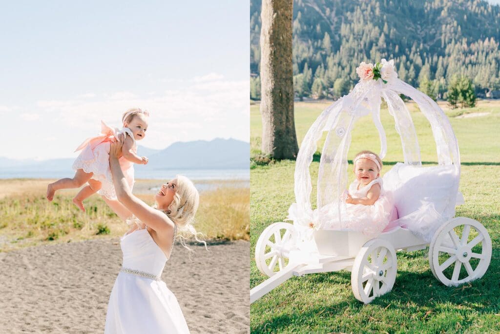 A stunning bride and her daughter captured by Lake Tahoe wedding photographer at Everline Resort, set against the beautiful Lake Tahoe mountains.