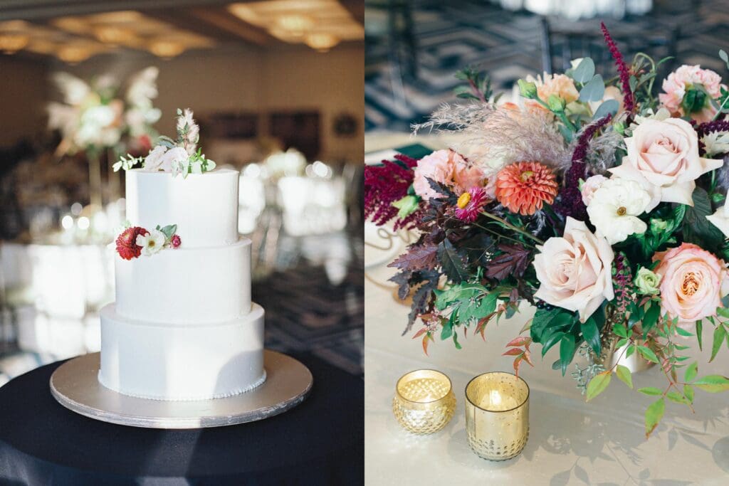 wedding cake and flowers at lake tahoe everline resort wedding 