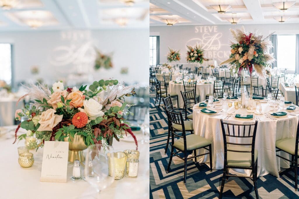 Elegant wedding reception at Everline Resort, Lake Tahoe, featuring, flowers, beautifully arranged tables and chairs for guests.