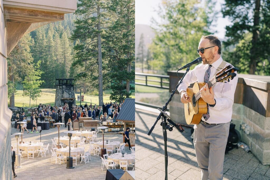 Cocktail hour and band at Lake Tahoe Everline resort wedding 