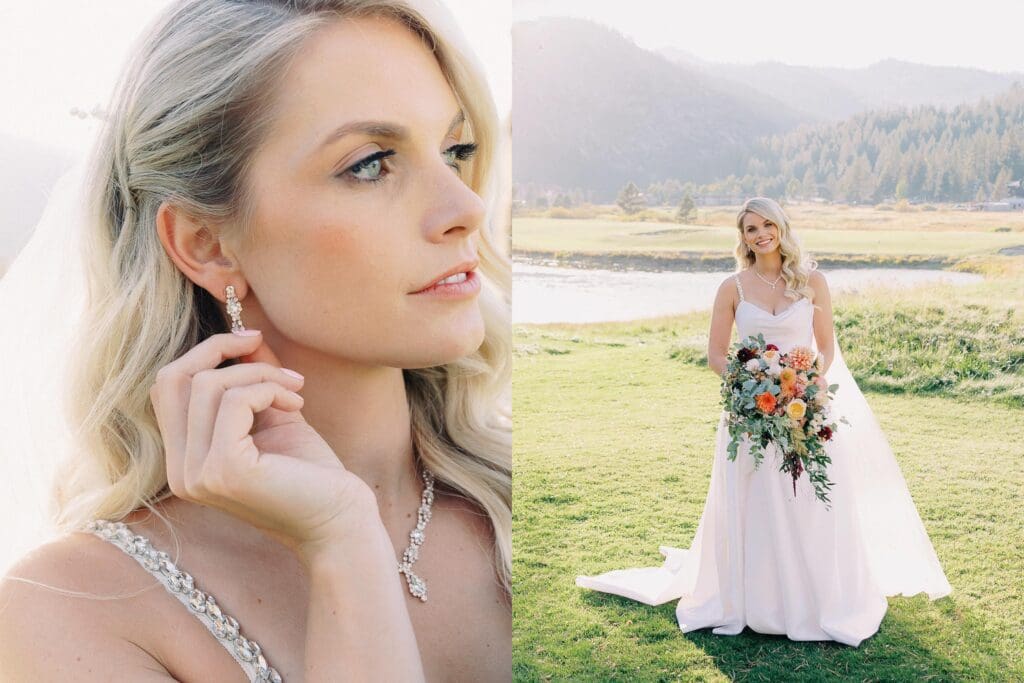 A stunning bride captured by Lake Tahoe wedding photographer at Everline Resort, set against the beautiful Lake Tahoe mountains.