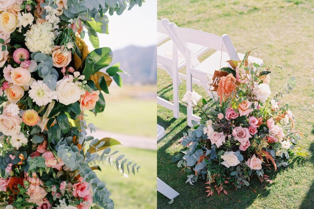 A picturesque wedding ceremony decor at Everline Resort, set against the stunning backdrop of Lake Tahoe's mountains.