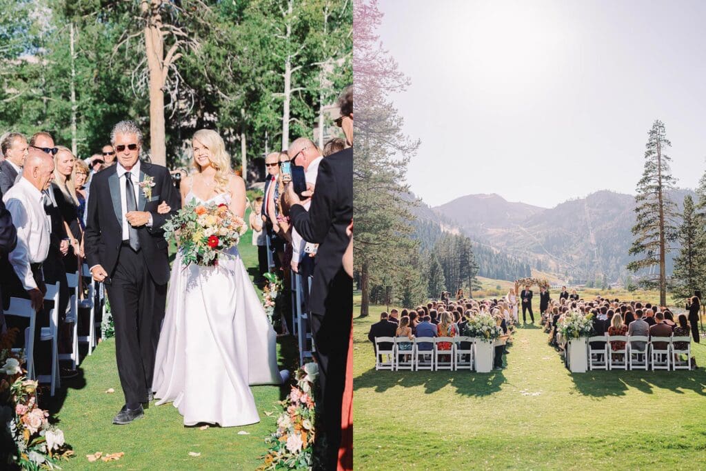 A picturesque wedding ceremony at Everline Resort, set against the stunning backdrop of Lake Tahoe's mountains.