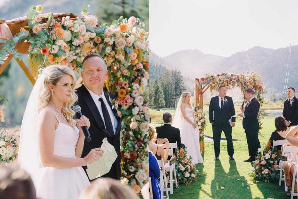 A picturesque wedding ceremony at Everline Resort, set against the stunning backdrop of Lake Tahoe's mountains.