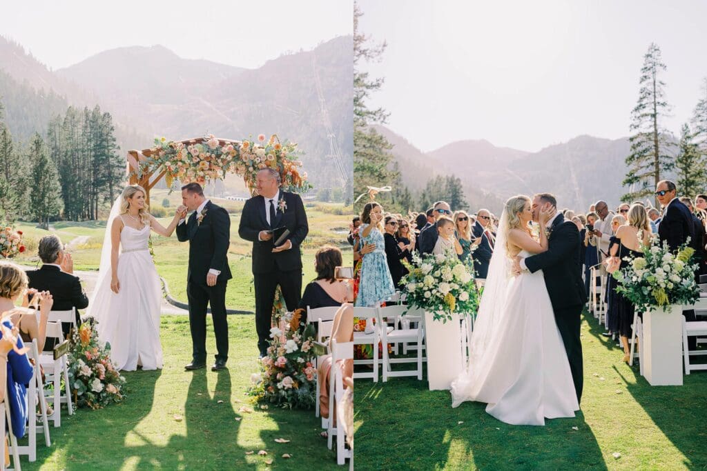 A picturesque wedding ceremony at Everline Resort, set against the stunning backdrop of Lake Tahoe's mountains.