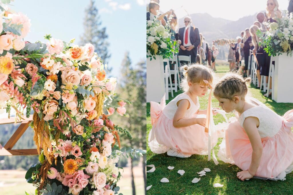 A picturesque wedding ceremony at Everline Resort, set against the stunning backdrop of Lake Tahoe's mountains.