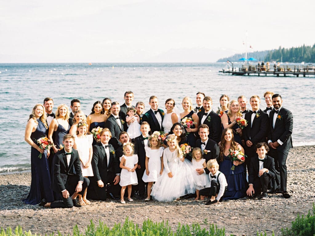 Wedding Party on a picturesque beach at their Gar Woods Lake Tahoe wedding.