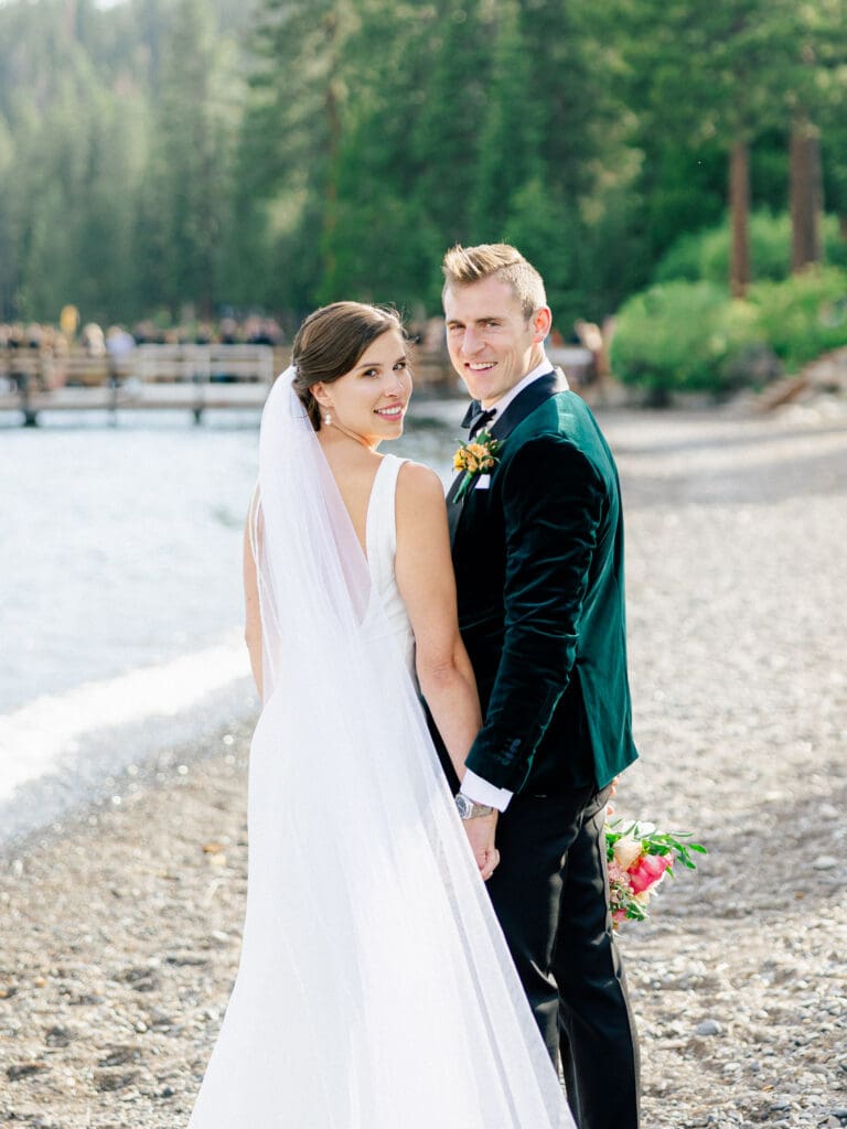 The bride and groom pose together at Gar Woods, Lake Tahoe golden hour portraits showcasing their love on their wedding day.