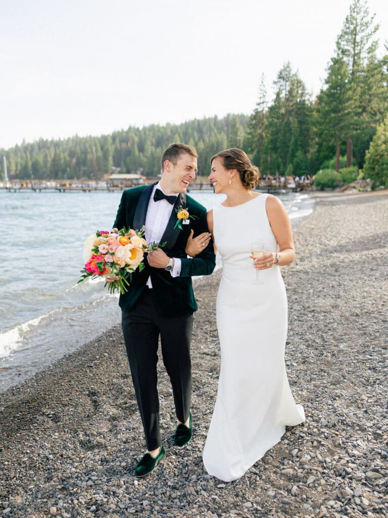 The bride and groom pose together at Gar Woods, Lake Tahoe golden hour portraits showcasing their love on their wedding day.