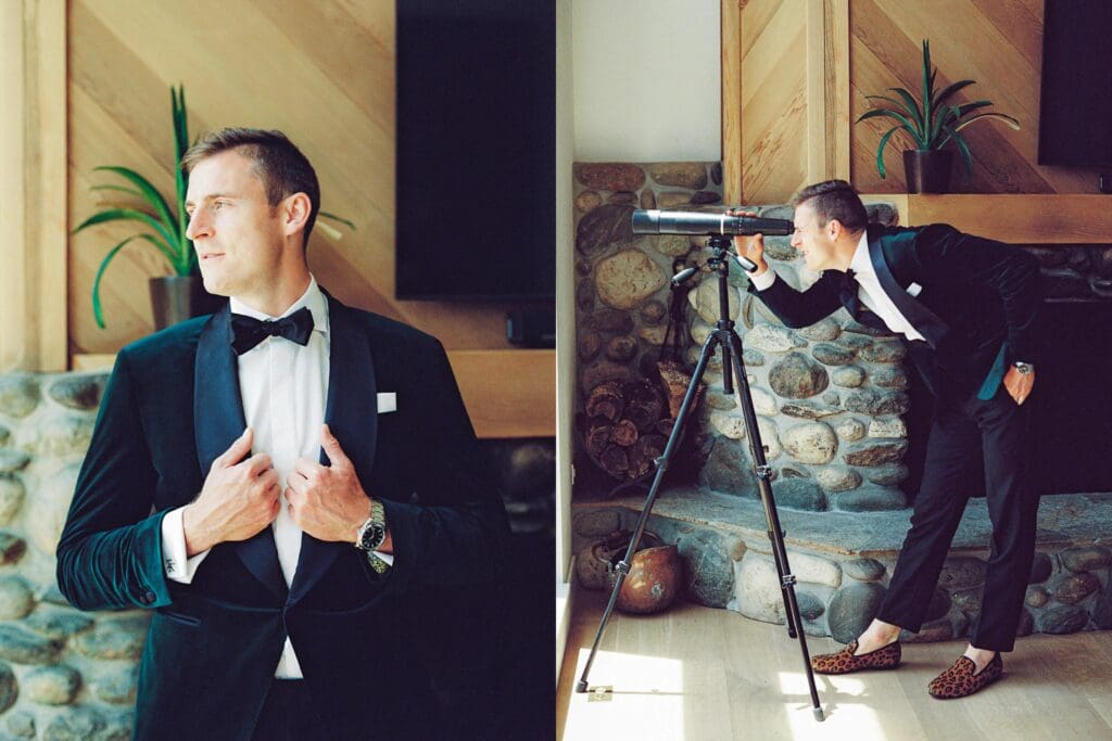 The groom, dressed in a tuxedo, poses for a photo at Gar Woods Lake Tahoe Wedding, capturing a moment of celebration.