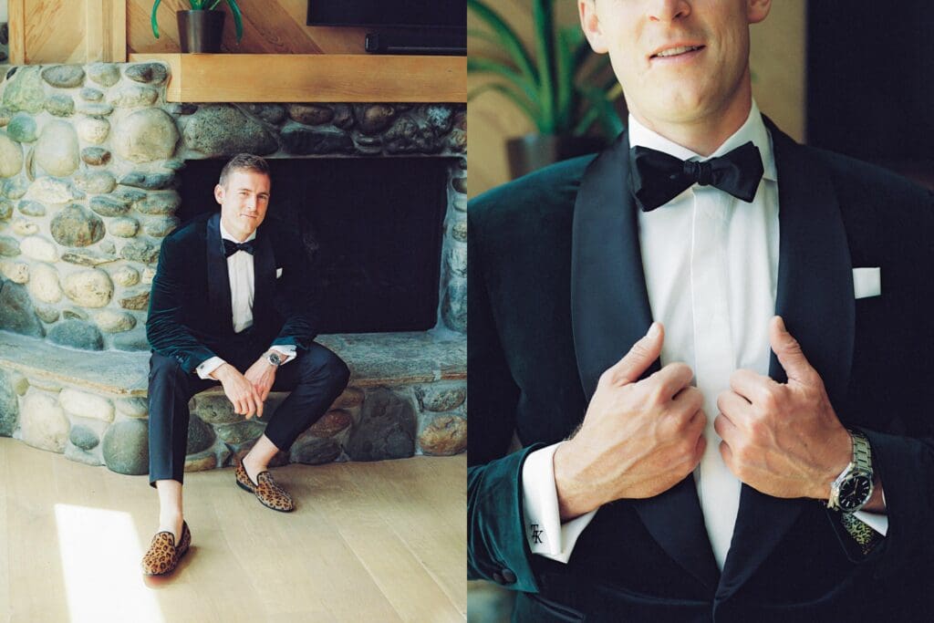 The groom, dressed in a tuxedo, poses for a photo at Gar Woods Lake Tahoe Wedding, capturing a moment of celebration.