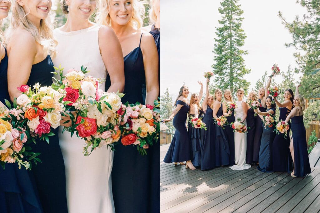 Bridesmaids in navy dresses pose together for a photo at Gar Woods Lake Tahoe Wedding.