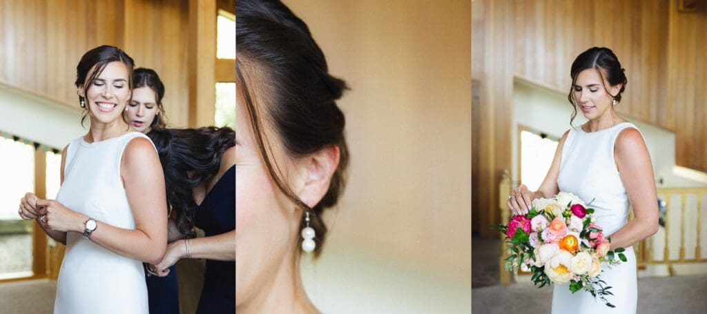 A smiling bride in a white dress poses for the camera at her wedding at Gar Woods, Lake Tahoe.